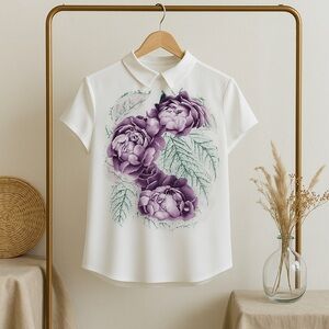 Creamy blouse with purple accent flower size xsmall